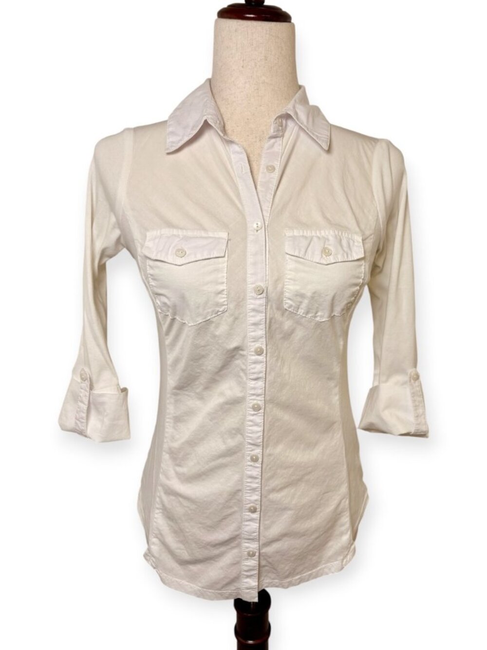Three Dots White 100% Cotton Button Down Shirt Stretch Side Panel Size XS